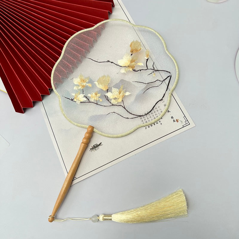 Oriental Floral Magnolia Silk  Round Hand Fan 