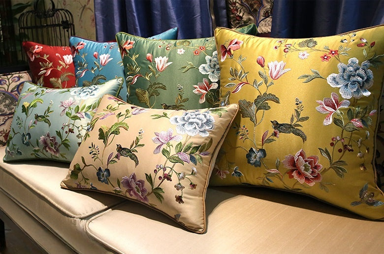 Oriental Peony  & Birds  Embroidered  Satin Cushion Covers