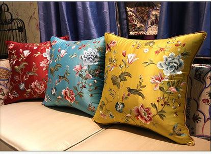 Oriental Peony  & Birds  Embroidered  Satin Cushion Covers