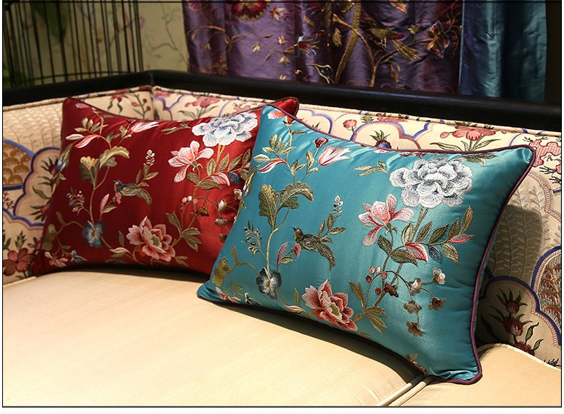 Red and blue Oriental Peony  & Birds  Embroidered  Satin Cushion Coversue