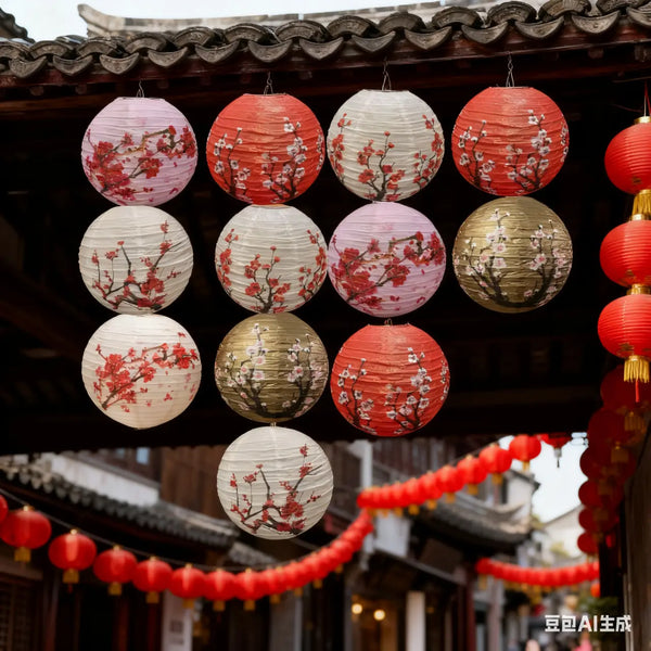 A set of decorative round paper lanterns hanging in a row under a traditional dark wooden roof, featuring floral cherry blossom prints in red, pink, white, and gold. Red lanterns and garlands are visible in the blurred background of a street scene.