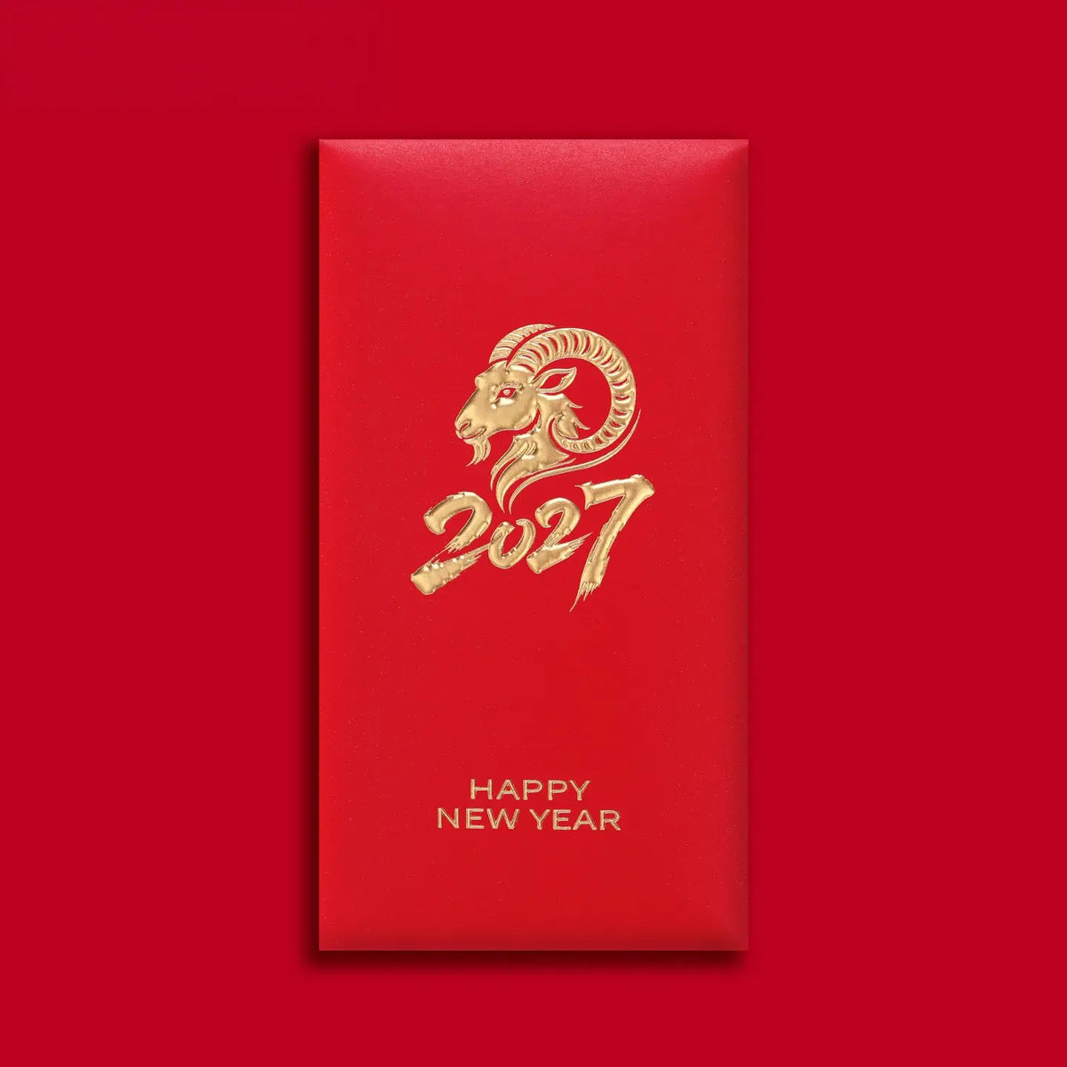 A red envelope or card with a gold ram illustration, the year 2027, and the text 'HAPPY NEW YEAR' on a solid red background.
