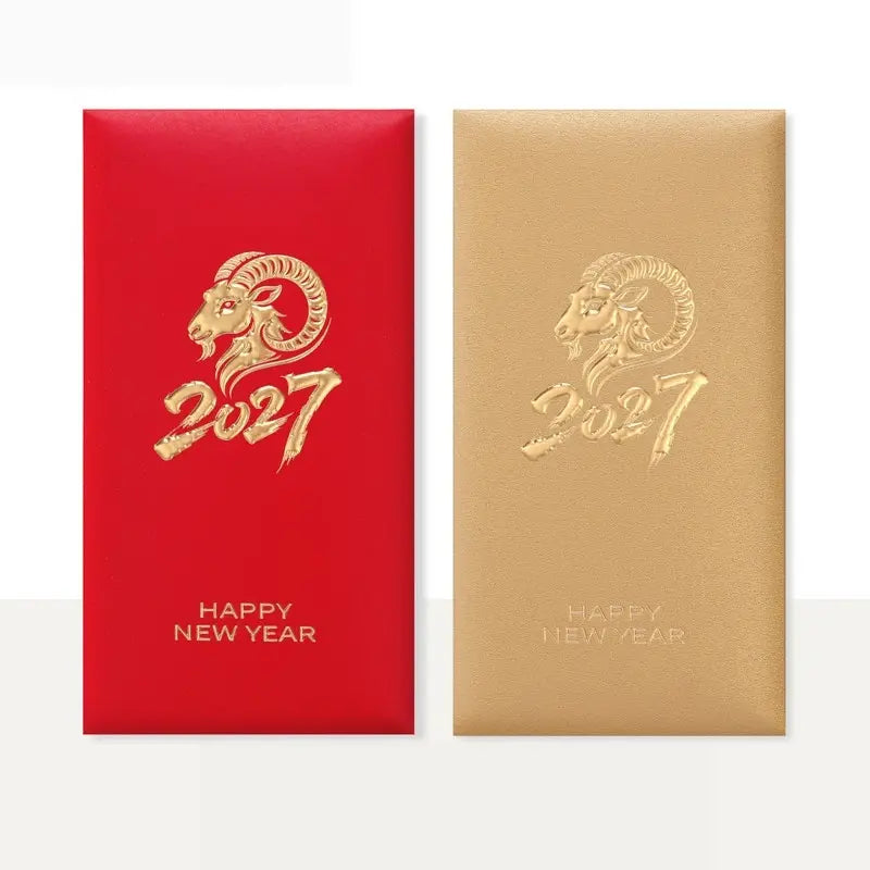 Two rectangular New Year envelopes or cards shown side by side on a light gray background. The left one is bright red with a gold ram illustration and the text '2027' and 'HAPPY NEW YEAR.