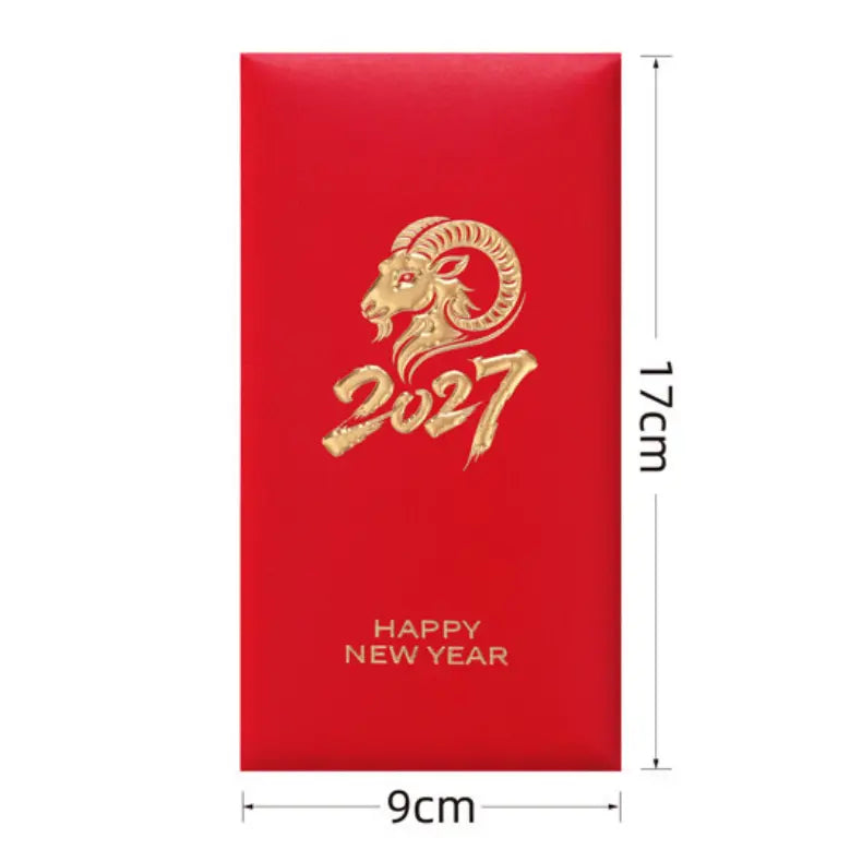 A red rectangular New Year envelope or packet with a gold ram illustration and the year 2027, shown with dimension markers indicating 17 cm height and 9 cm width on a white background.