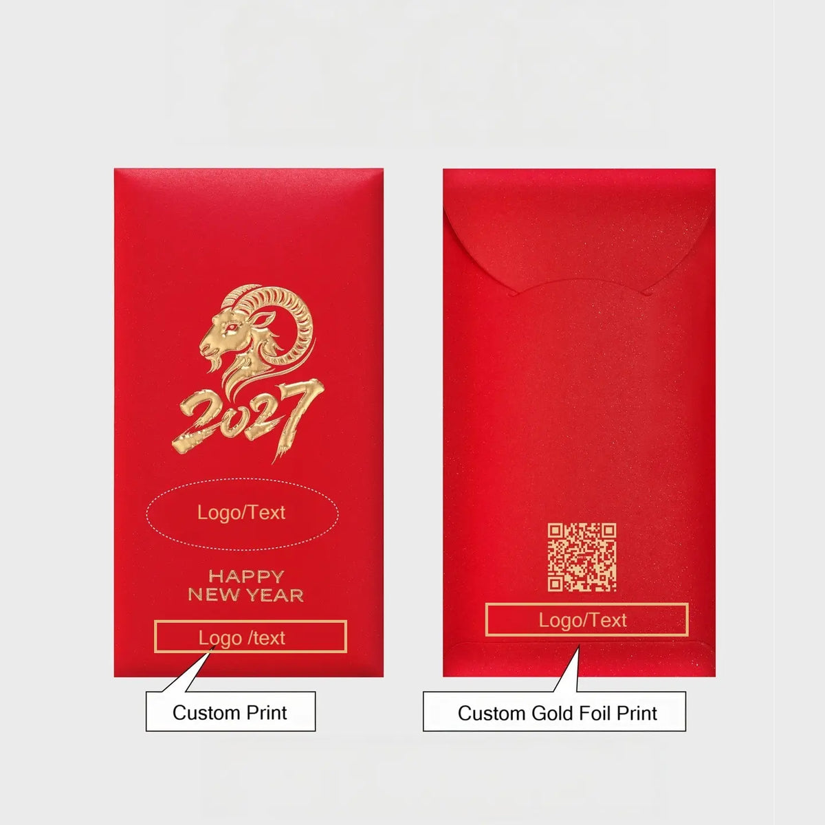 Two red envelope-style packaging pieces shown side by side on a light gray background, with gold foil-style Chinese New Year graphics and placeholder text including '2027', 'HAPPY NEW YEAR', and 'Logo / Text'. Labels below read 'Custom Print' and 'Custom Gold Foil Print'.