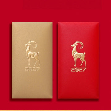 Two rectangular red envelopes with embossed gold ram/goat illustrations and the year 2027, shown side by side on a solid red background.