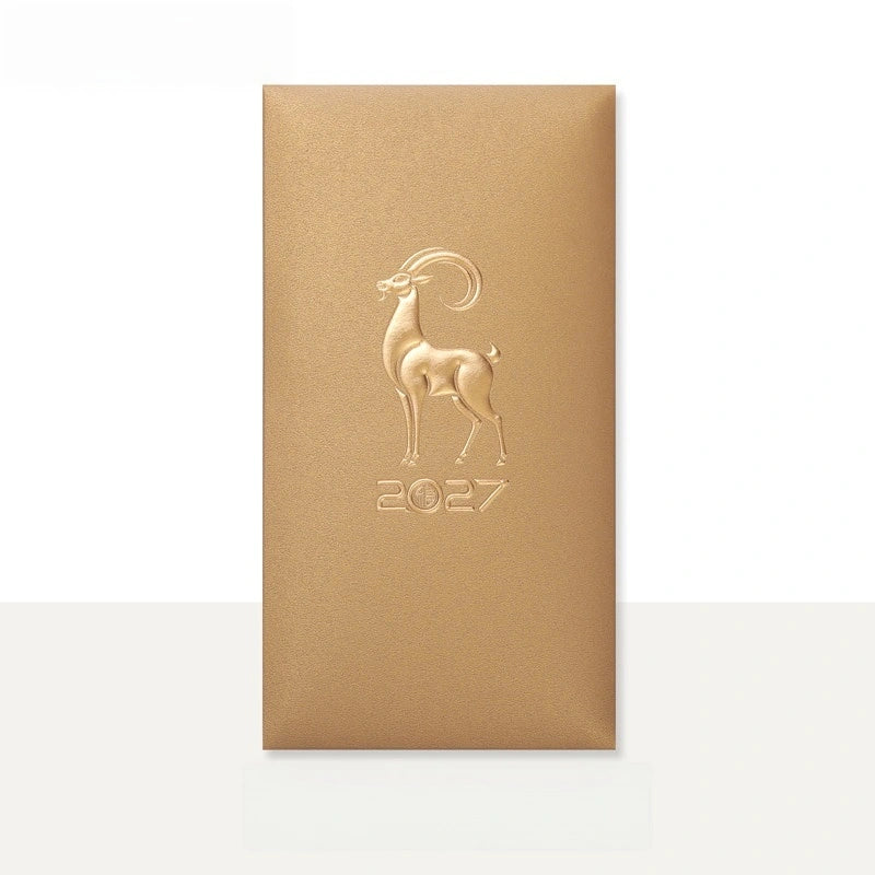 A vertical rectangular gold-toned Personalizable Embossed Foil 2027 Year of Goat/Sheep  Red Envelopes  with an embossed ram illustration and the year 2027, centered on a clean white background.