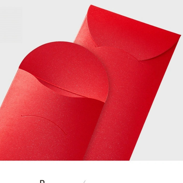 Two red Chinese New Year envelopes with a textured glitter finish, shown on a light gray background.