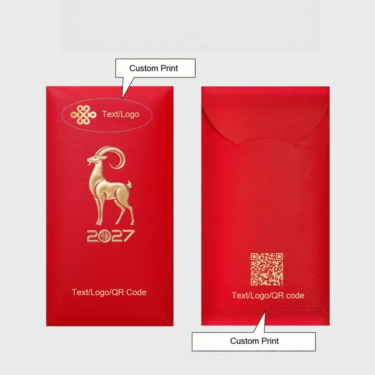 Two red envelope-style packaging pieces shown on a light gray background, with callout labels pointing to custom print areas. The left piece shows a gold ram graphic and the text '2027'; the right piece shows a QR code area and 'Text/Logo/QR code'.