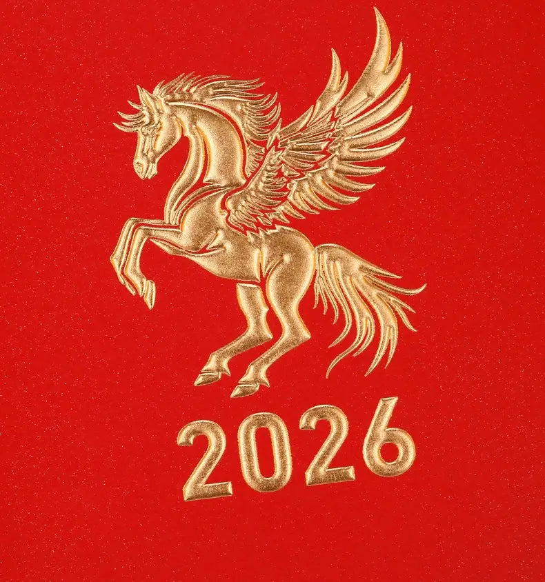Gold pegasus with '2026' on a red background