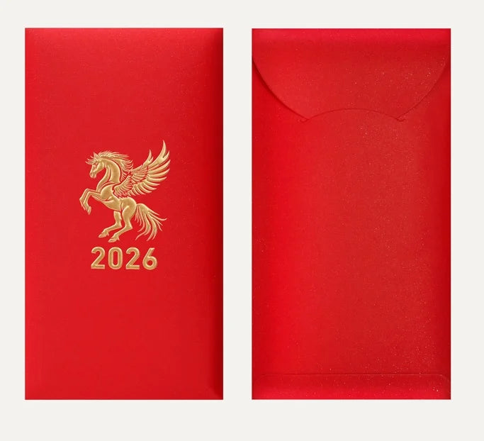 Red envelope with gold horse design and '2026' text on a white background