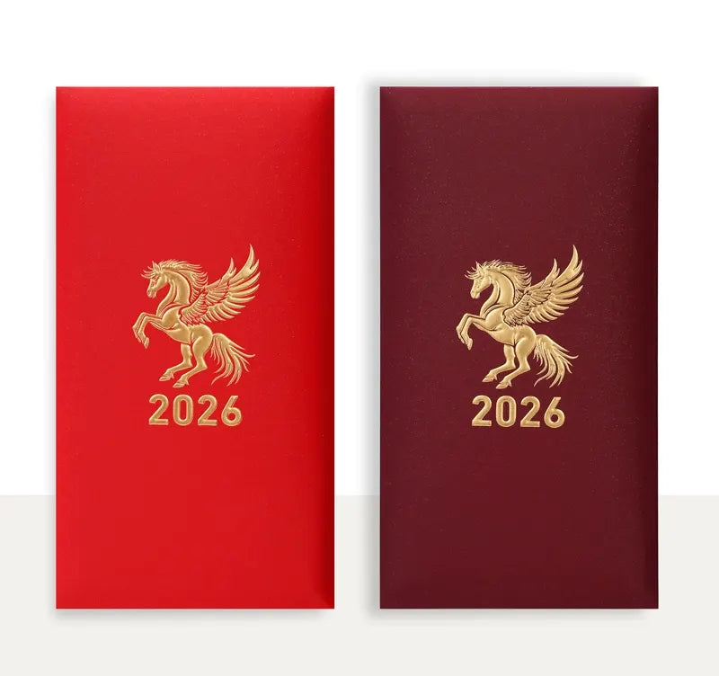 Two red and maroon Personalizable Embossed Year of Horse 2026 Red Envelopes  with gold embossed pegasus and '2026' on a white background