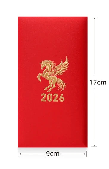Red Personalizable Embossed Year of Horse 2026 Red ang pow  design and '2026' text, dimensions indicated.
