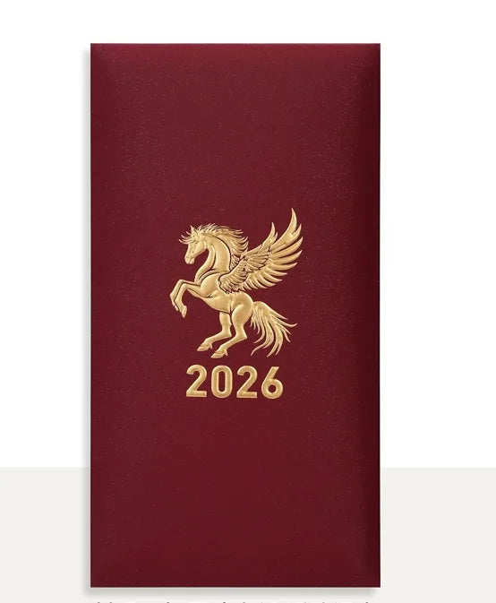 Personalizable Embossed Year of Horse 2026 Red Envelopes with gold pegasus and '2026' on a white background