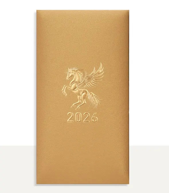 Gold Personalizable Embossed Year of Horse 2026 Red Envelopes with a Pegasus design and '2026' text on a white background