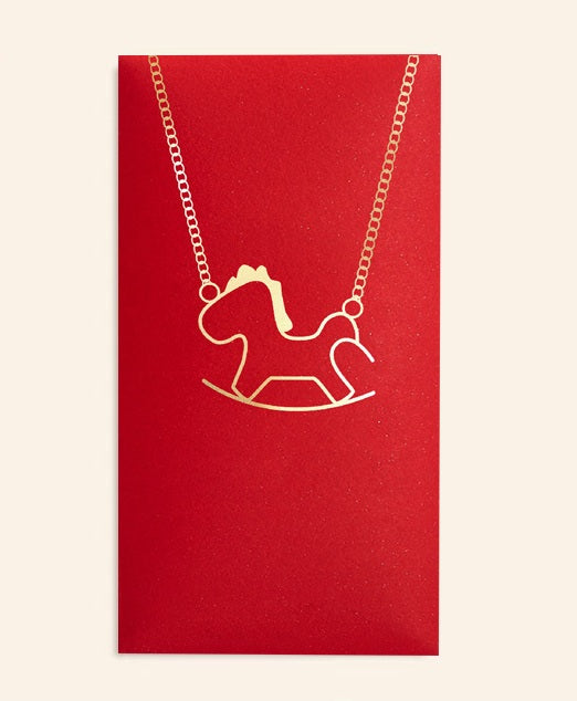 Personalizable Year of Horse 2026 Red Envelopes Gold rocking horse necklace on a red card