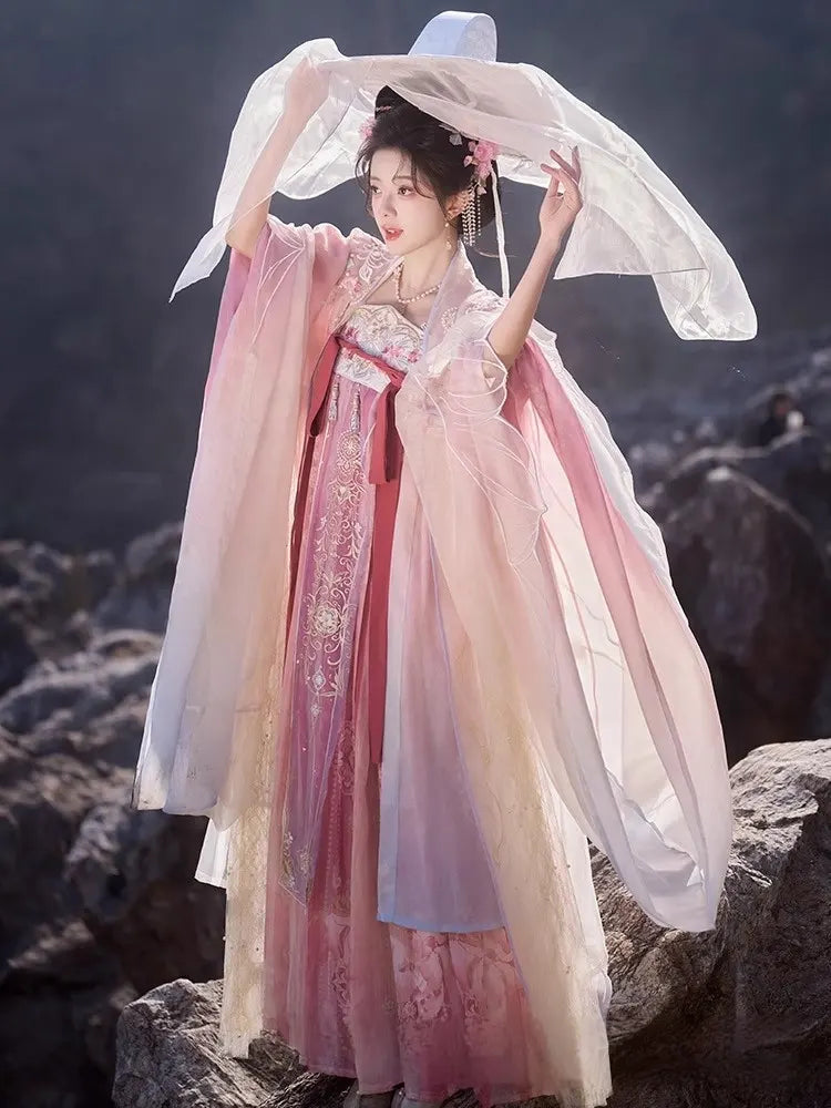 Person in traditional chinese attire  Pink Embroidered Flowing Tang Dynasty Hanfu Dress standing on rocky terrain