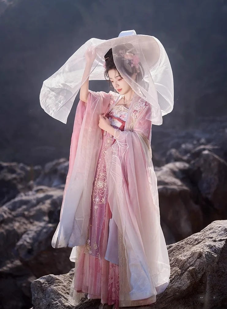 Person in traditional Pink Embroidered Flowing Tang Dynasty Hanfu dress standing on rocky terrain