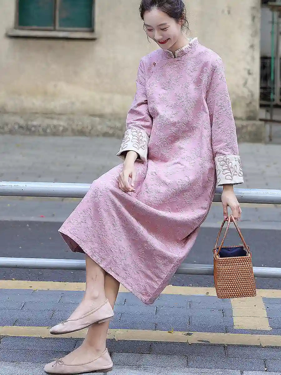 Pink Floral Long Sleeves Loose Qipao Cheongsam Dress