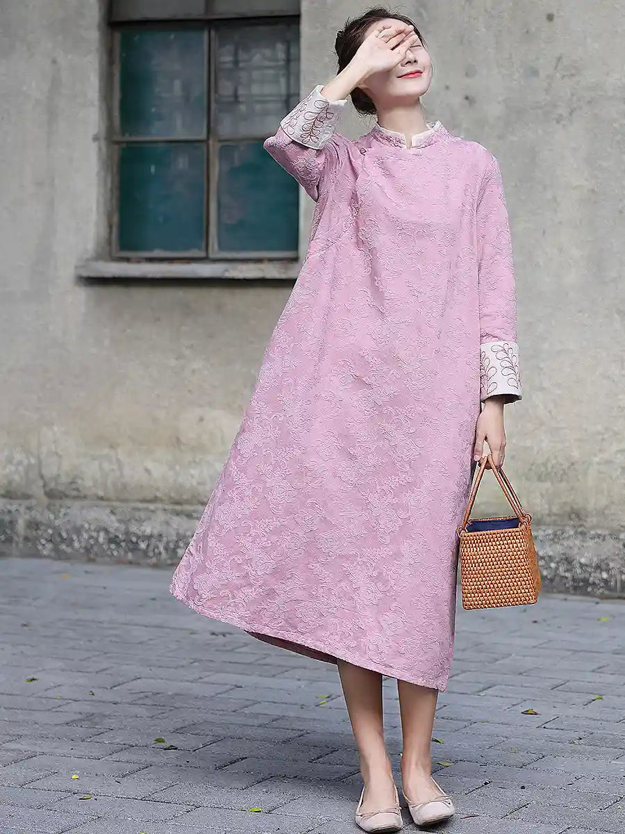 Pink Floral Long Sleeves Loose Qipao Cheongsam Dress