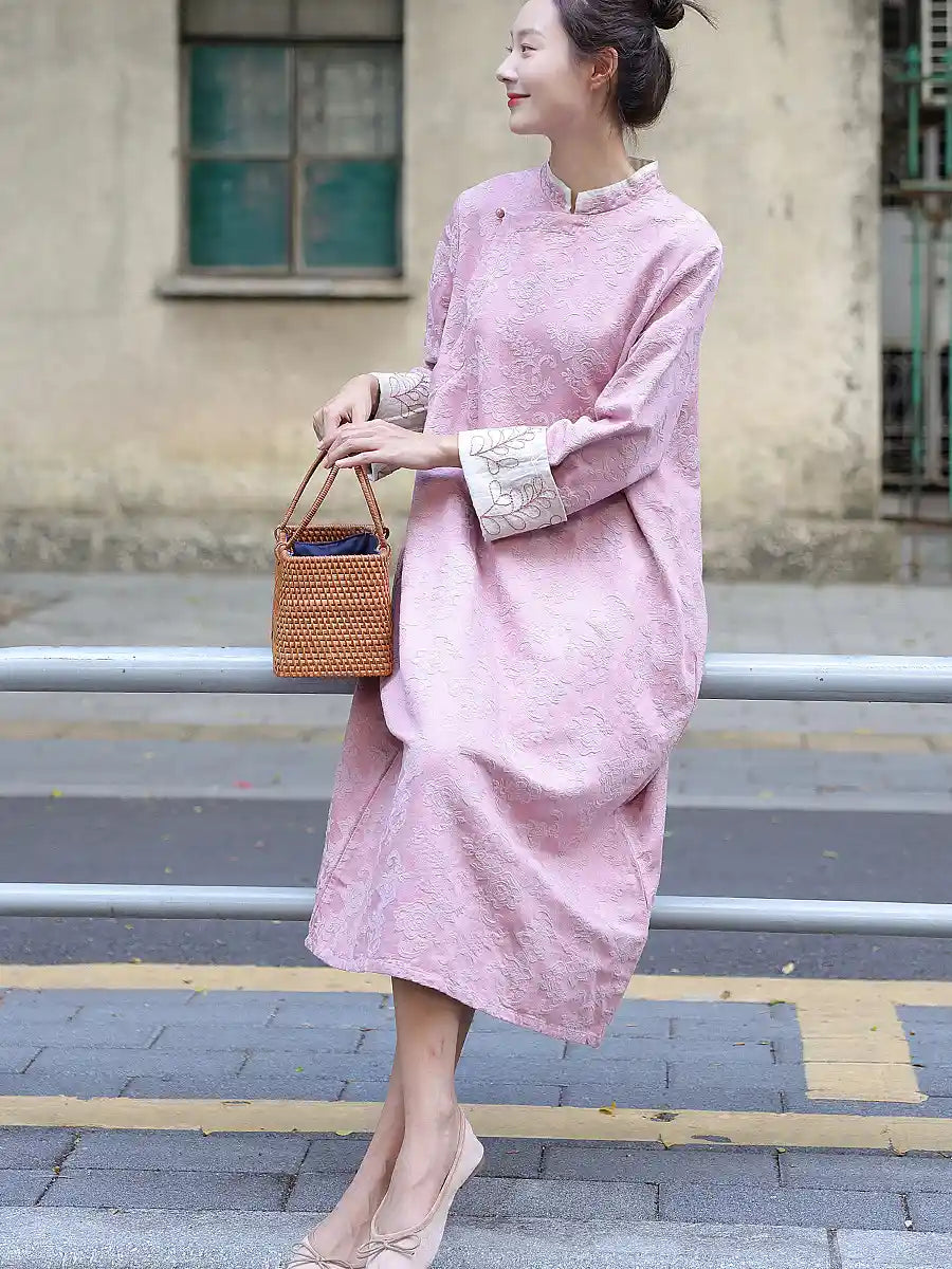 Pink Floral Long Sleeves Loose Qipao Cheongsam Dress