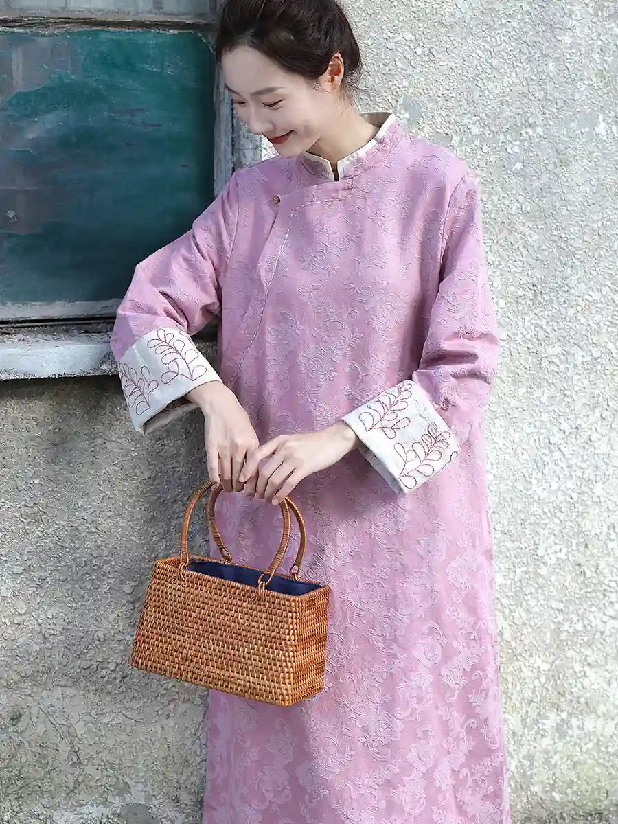 Pink Floral Long Sleeves Loose Qipao Cheongsam Dress