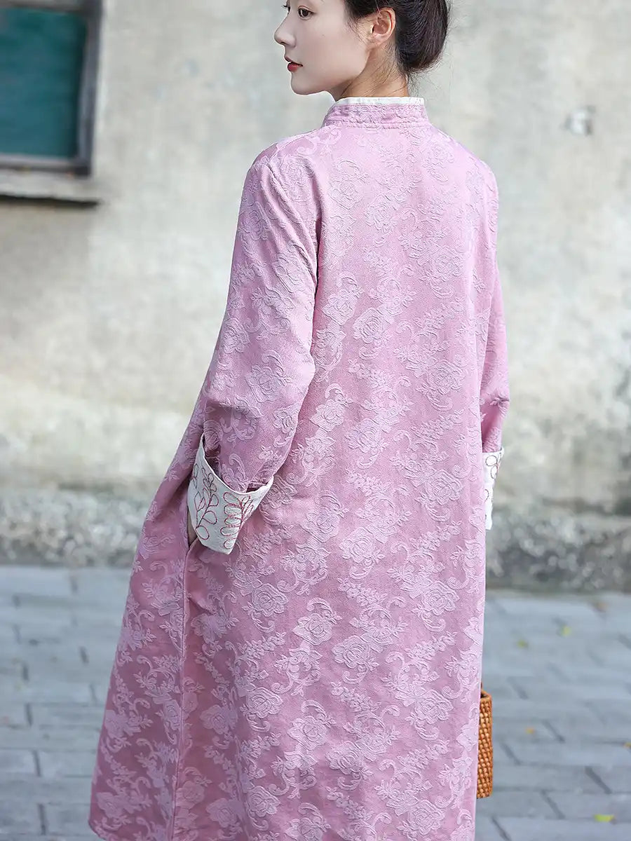 Pink Floral Long Sleeves Loose Qipao Cheongsam Dress