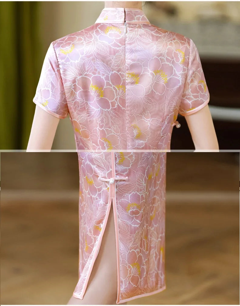 Pink Floral Mullbury Silk Short Sleeves Qipao Dress with a blurred background