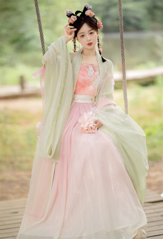 Pink Green Hanfu Floral Emboridered Tang Dynasty HanFu Dress