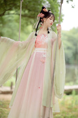 Pink Green Hanfu Floral Emboridered Tang Dynasty HanFu Dress