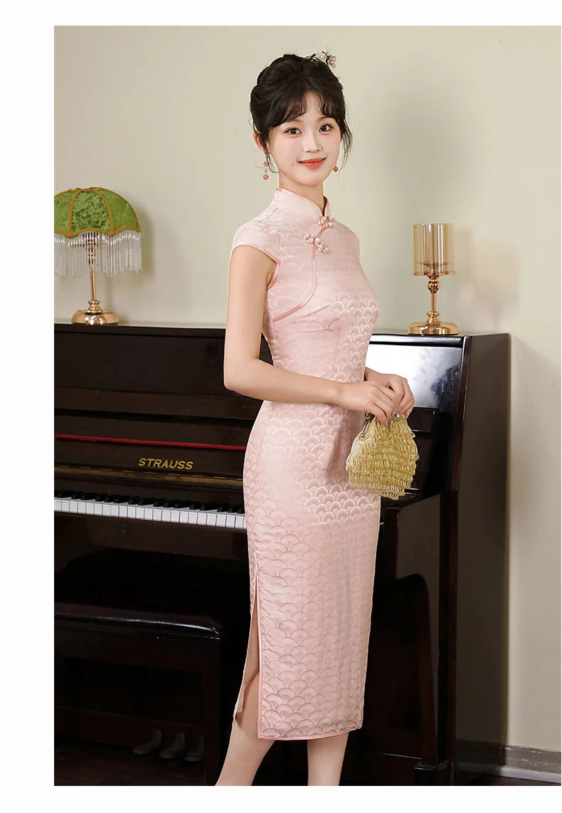 Woman in a Pink Mulberry Silk Jacquard Qipao Dress  standing in front of a piano