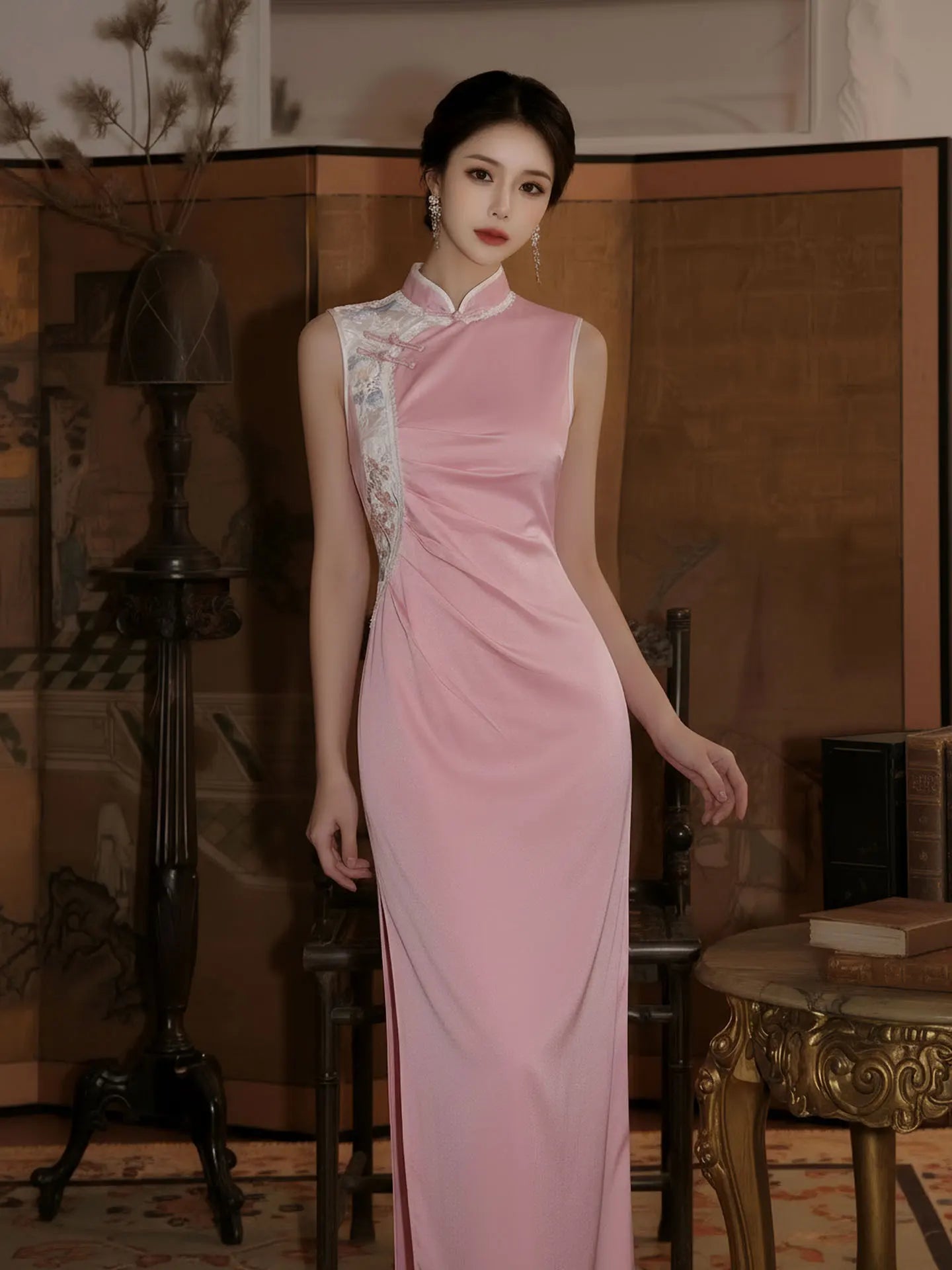 Pink Sleeveless Chinese Qipao With Draped Side Design