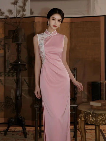 Pink Sleeveless Chinese Qipao With Draped Side Design