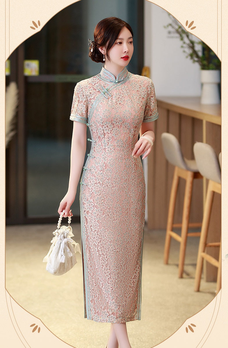 Model in pink lace qipao walking
