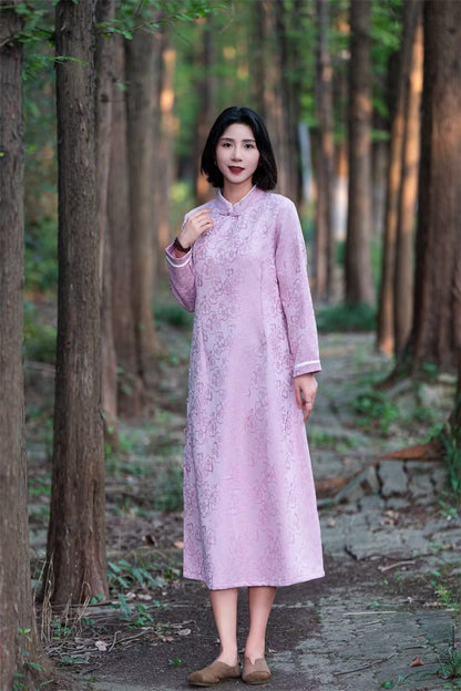 Long-Sleeve Floral Jacquard Loose Qipao