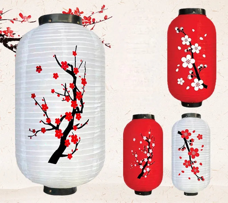 Set of Plum Blossom Chinese Lantern , Vinyl Festival Hanging Lantern in a light background