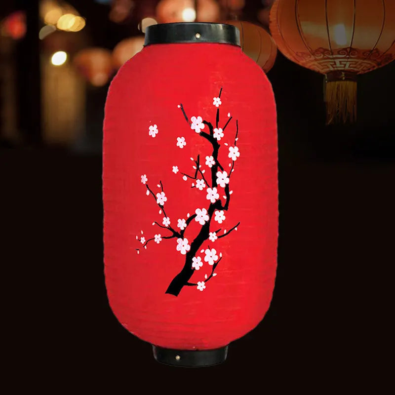 Red Plum Blossom Chinese Lantern | Vinyl Festival Hanging Lantern Décor  against a blurred background