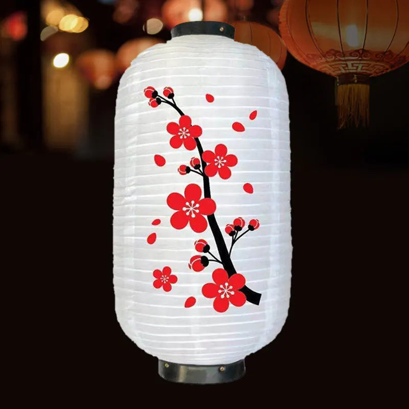 White Vinyl Festival Hanging Lantern with red floral design on a dark background