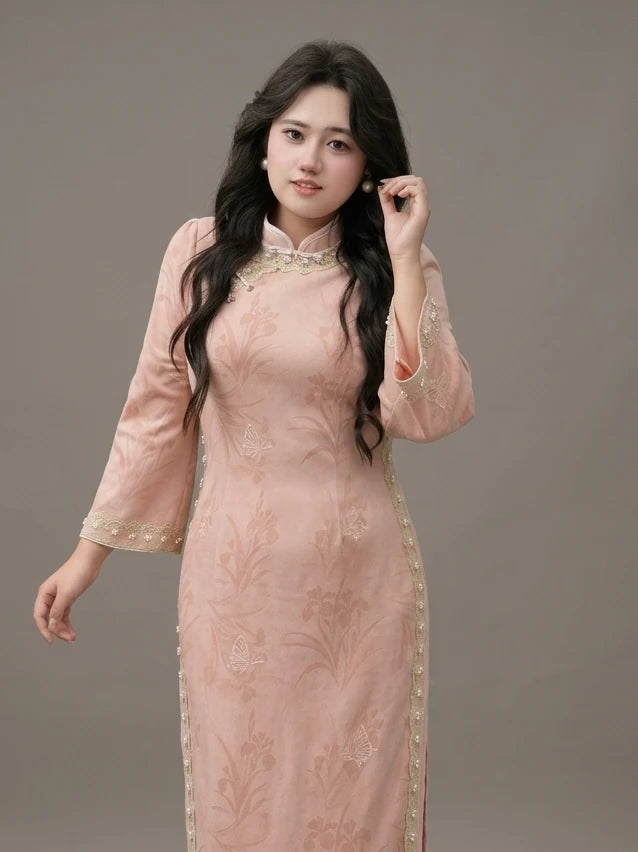Woman wearing a Plus Size Long Sleeve Pink Floral traditional  Qipao  dress with Pearl Trim  with floral patterns on a plain background