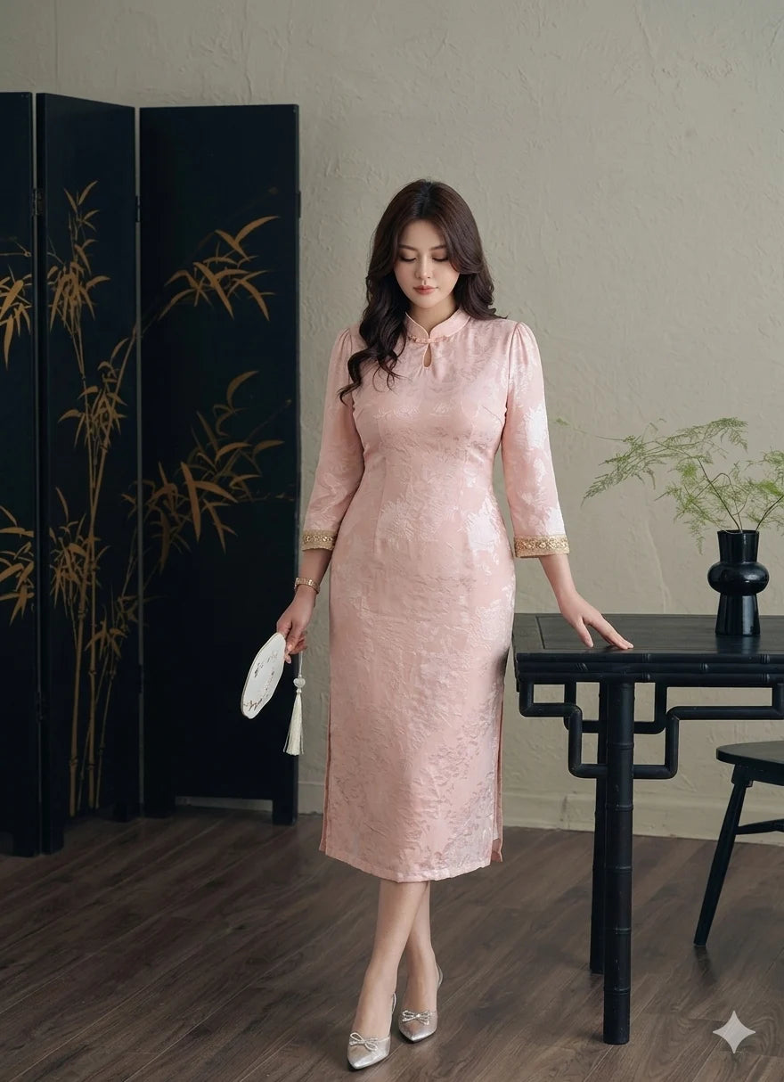 Woman in a Plus Size Modern Pink Long Sleeve Jacquard Qipao cheongsam dress standing in a room with a black screen and table.