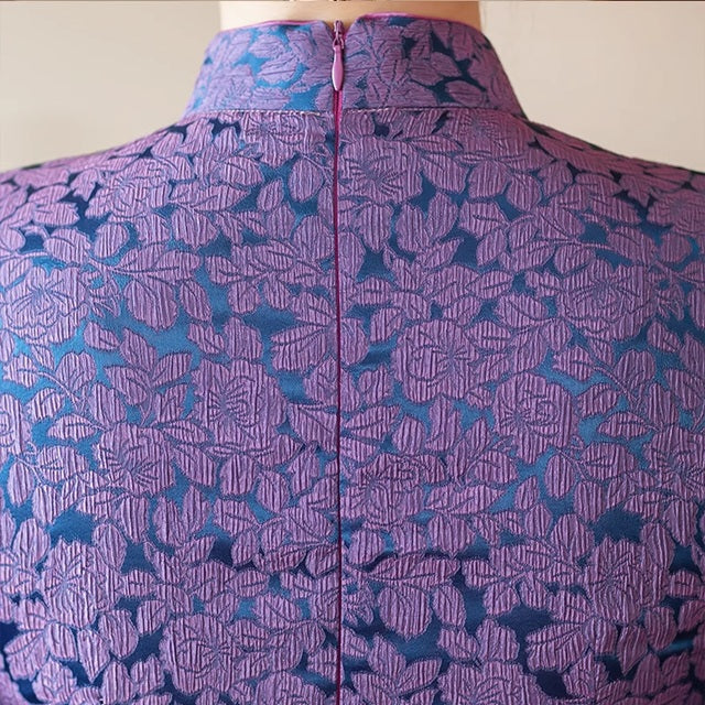 Lila Jacquard-Blumen-A-Linien-Qipao-Cheongsam-Kleid