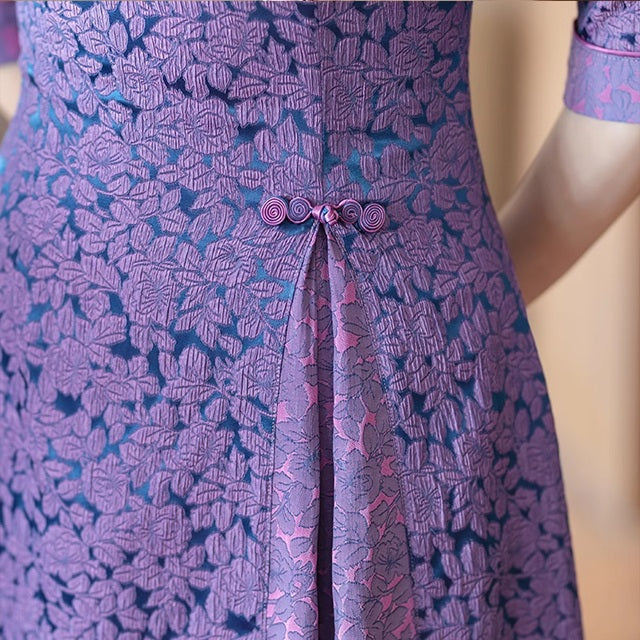 Lila Jacquard-Blumen-A-Linien-Qipao-Cheongsam-Kleid
