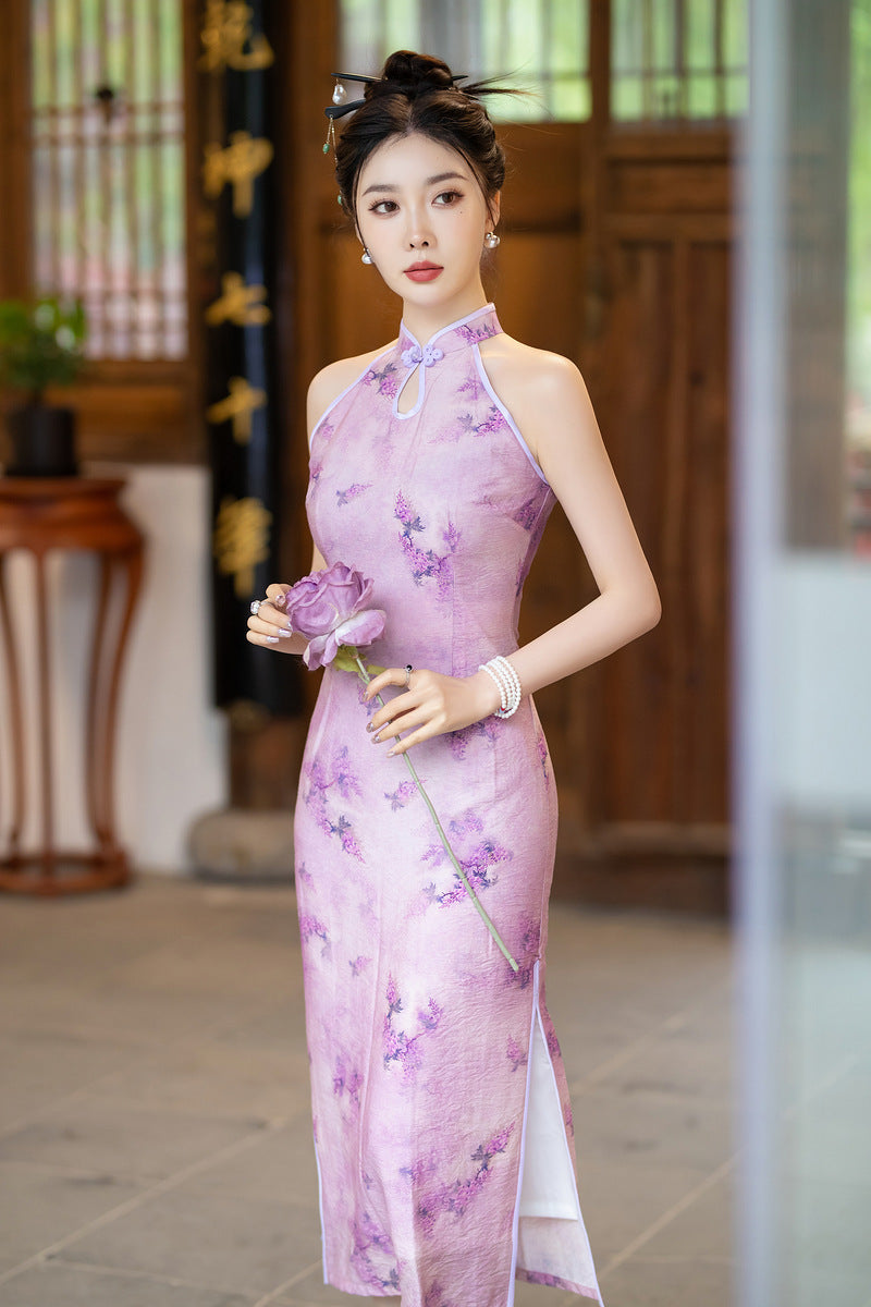 Purple Floral Halter Qipao Dress