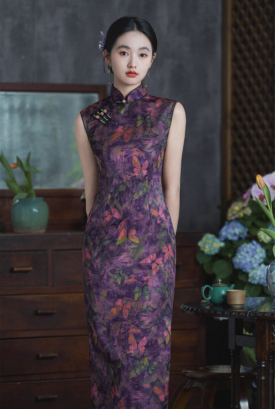 Purple Butterfly Print Sleeveless Qipao Cheongsam Dress