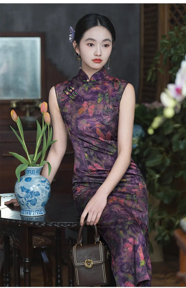 Purple Butterfly Print Sleeveless Qipao Cheongsam Dress