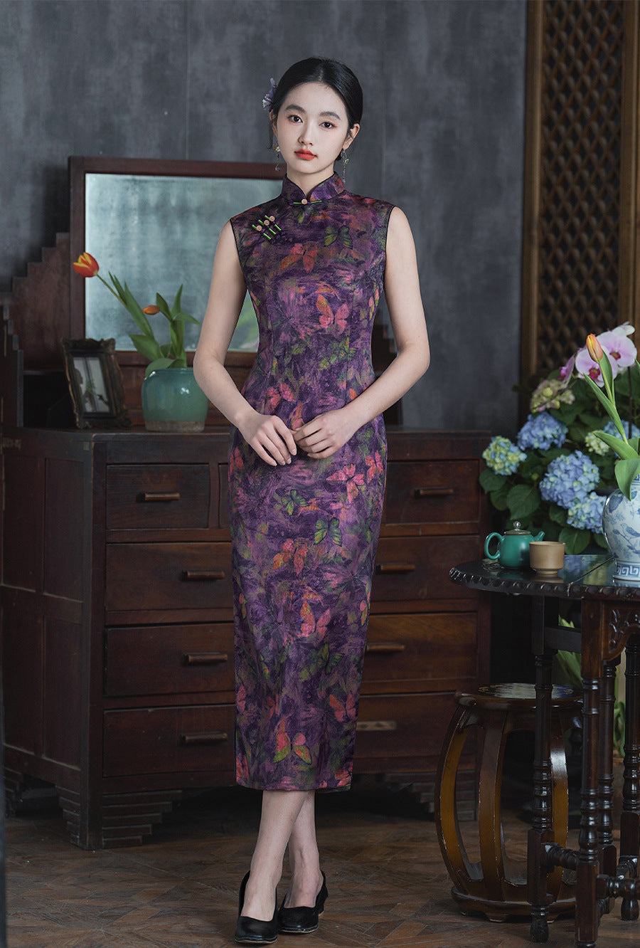 Purple Butterfly Print Sleeveless Oriental Qipao Cheongsam Dress