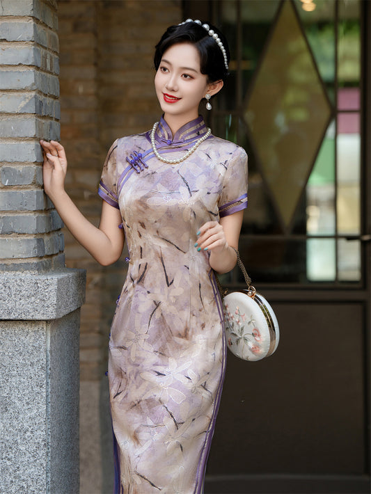 Purple Floral Print Short Sleeves Qipao With Sheer Trim