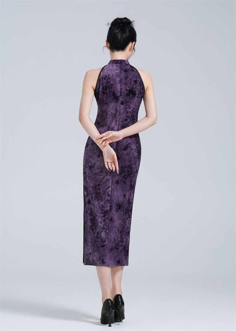 Purple Halter Neck Flocked Velvet Modern Qipao with Butterfly