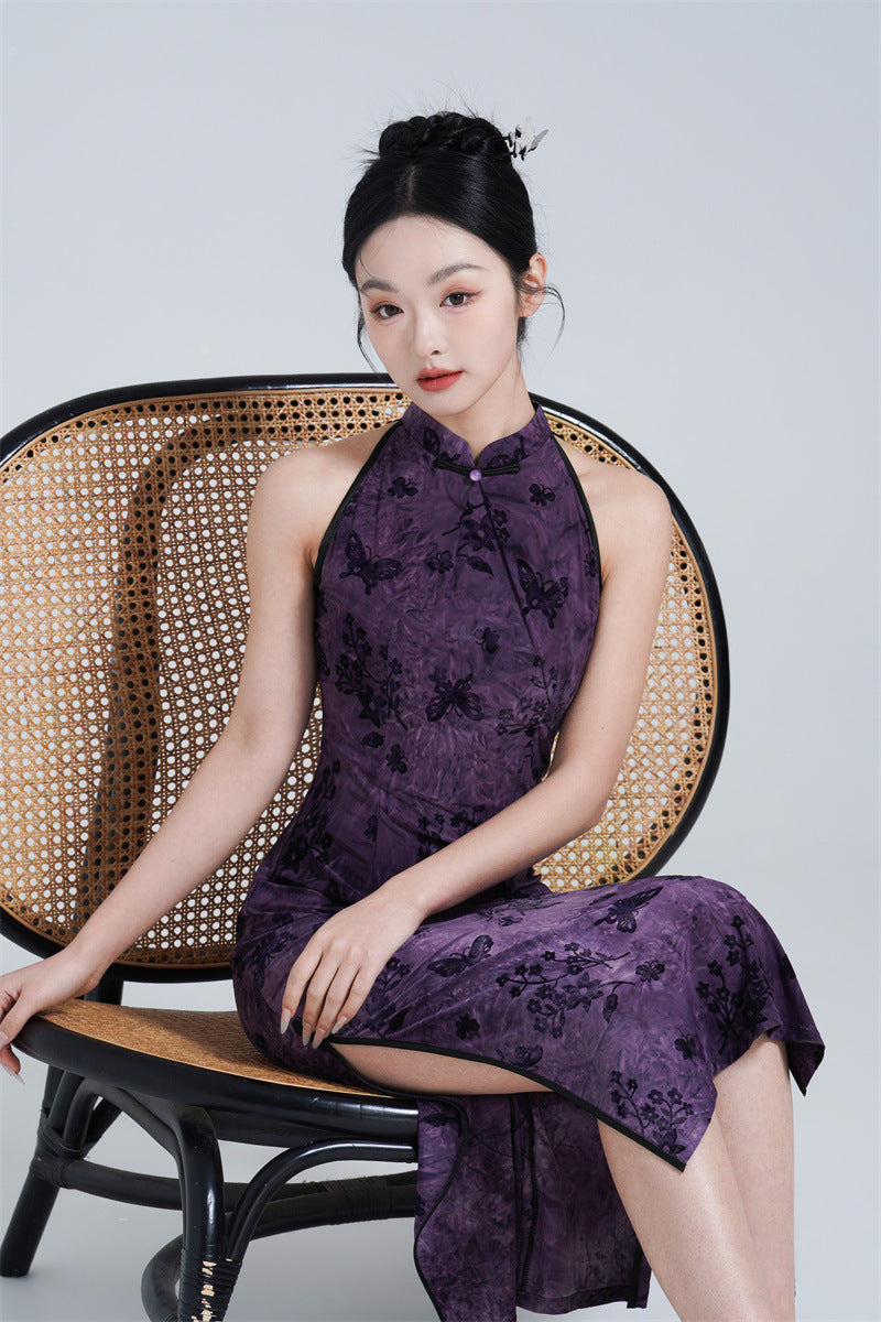 Purple Halter Neck Flocked Velvet Modern Qipao with Butterfly