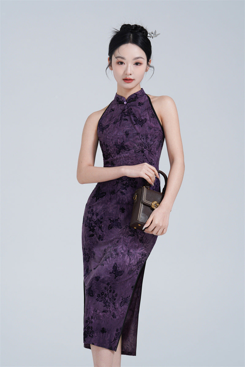 Purple Halter Neck Flocked Velvet Modern Qipao with Butterfly